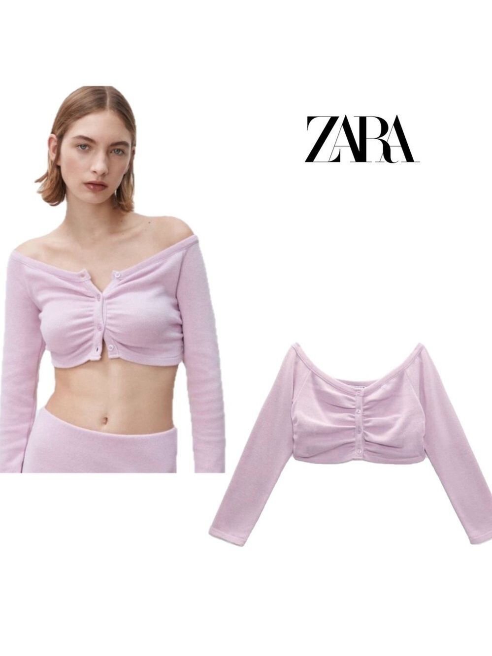 Zara Lilac purple long sleeve off the shoulder cropped sweater top button front